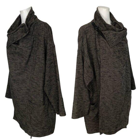 Eileen Fisher High Collar K/L Coat M/L Black Tweed Wool Blend Oversize Lagenlook - Picture 4 of 14